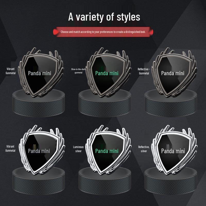 Metal badges, side window, and tailgate stickers for Geely Panda Mini Gokart cars.