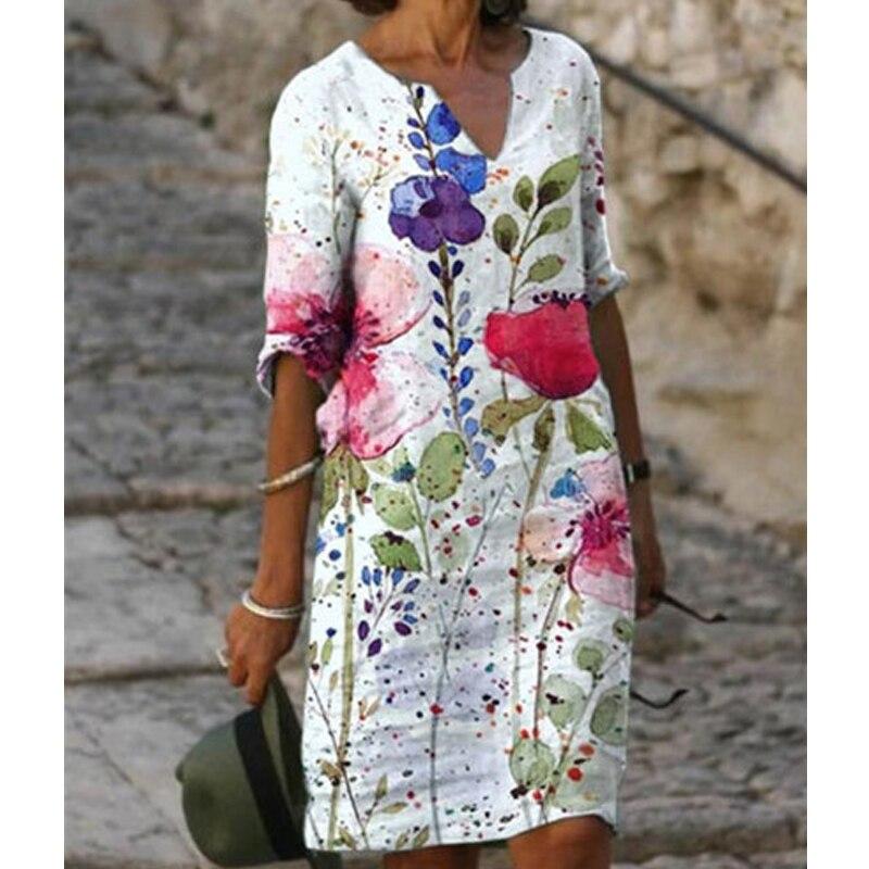 Butterfly Printed Casual And Flower Mid Waist Dress For Women Fashion Vneck Half Sleeve Aline Ladies Dress Robe Femme 25874