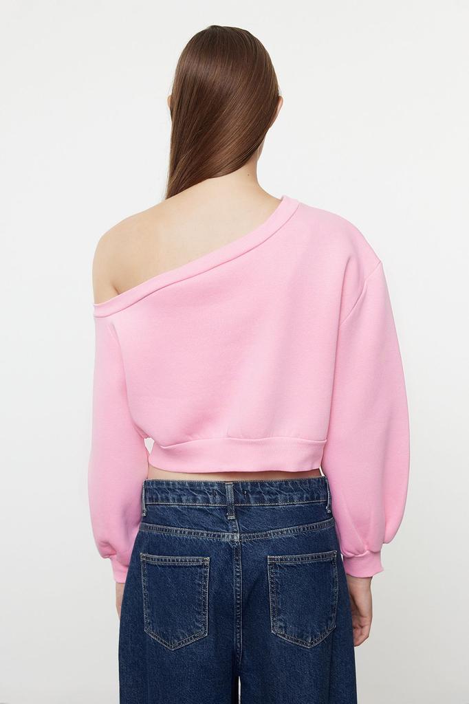 Women's Fashionable Stylish Sweatshirt Black Regular Fit Thick Inside Fleece Crop Asymmetrical Collar Knitted Sweatshirt