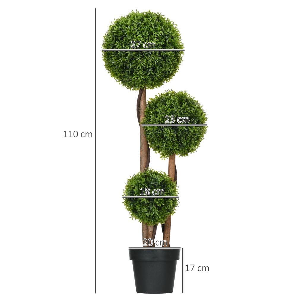 Artificial Boxwood Large 110cm, UV-Resistant Artificial Plant with 3 Balls for Living Room Bedroom Office Garden