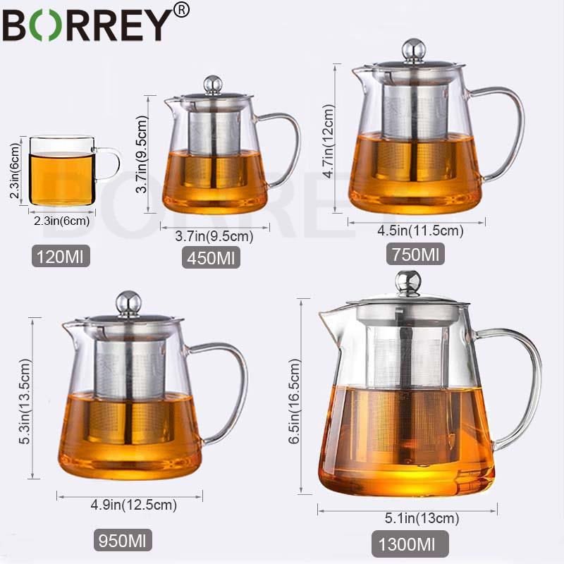 BORREY Чайник для заварки чая Термостойкий стеклянный чайник с фильтром Цветочный чайник Улун Пуэр Чайник Стеклянный кофейный чайник 1300 мл