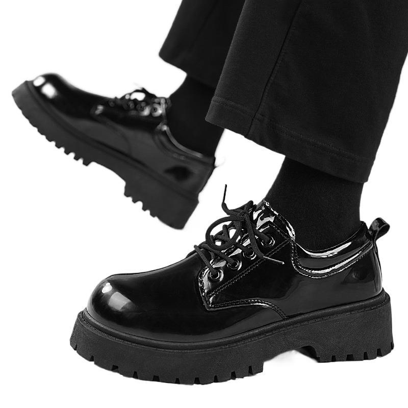 Мужские кожаные туфли 2025 новая летняя деловая повседневная подростковая большая голова британский стиль черная лакированная кожа ботинки Мартин