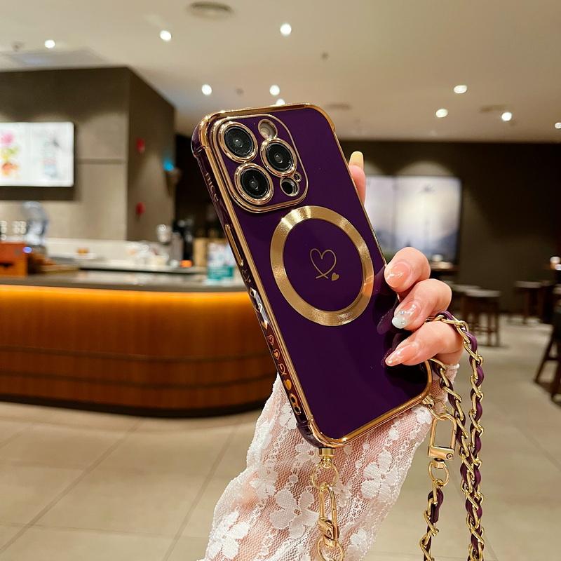 Для iPhone 17 16 Pro 15 14 Pro Max 13 Samsung S25 S24 Ultra S23 FE S22 S21 Чехол с гальваническим покрытием в виде сердца любви Для Magsafe Магнитный чехол для телефона с веревкой через плечо