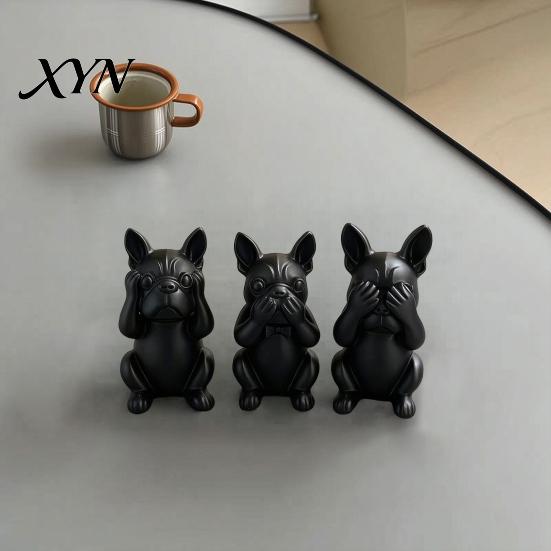 Настольное украшение Французский бульдог, Набор из 3 статуэток, 3D-печать, Матово-черная скульптура, Минималистичная фигурка бульдога, Цельнолитые фигурки для дома