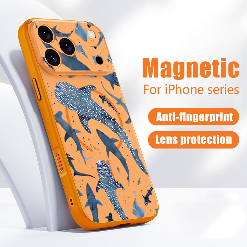 Чехол с рисунком мультяшных акул Для iPhone 17 Pro Max Магнитный Для Magsafe Покрытие с ощущением кожи Для iPhone 16 15 14 13 Pro Max