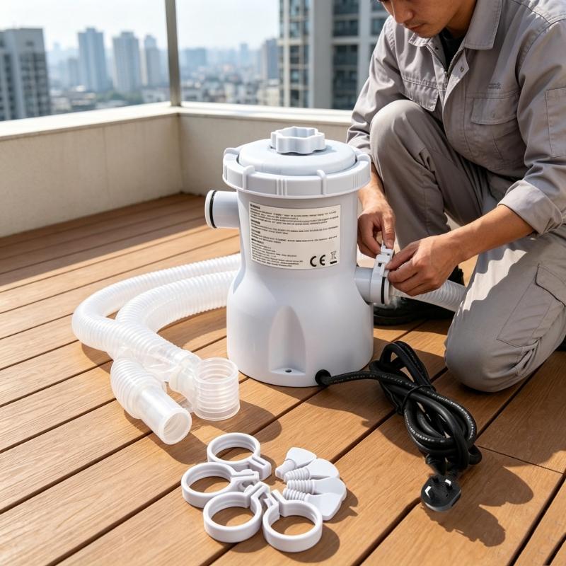 Pool Water Cycling Pump with Filter Insert, 330 Gallon Above Ground Pool Unit, Three-Pin Plug, Twin Hose Inlets and Connection Parts