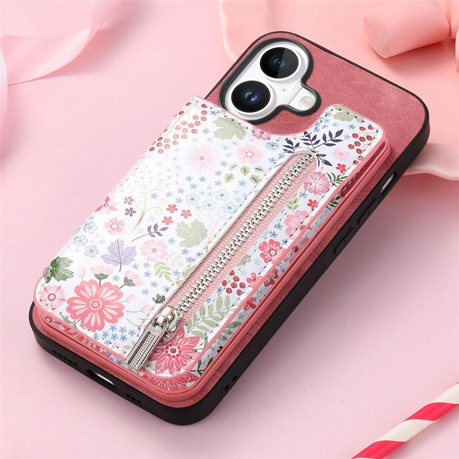 RFID Blocking Zippered Wallet Phone Case with Card Slot & Stand for iPhone Samsung Xiaomi Google Magnetic Car Mount Stylish Floral Print Phone Cover