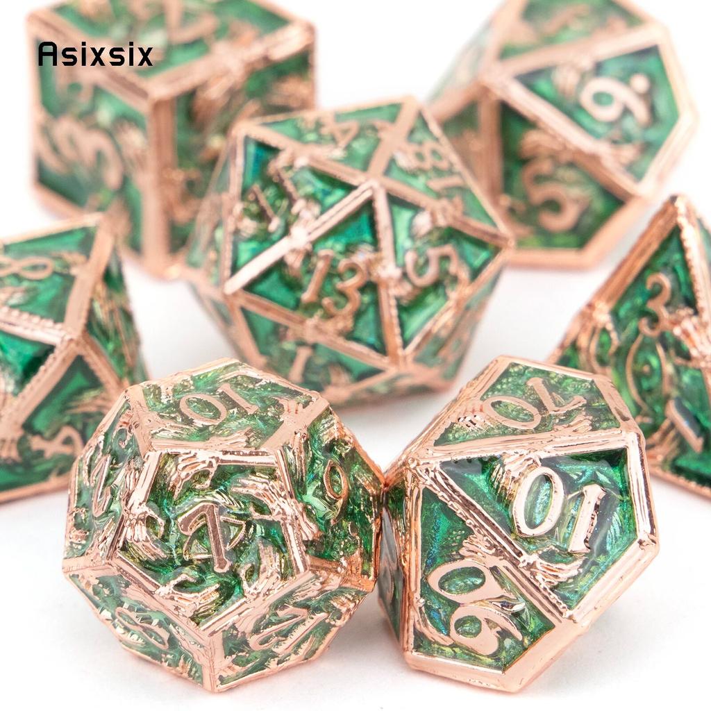 7 Pcs Golden Green Hand Metal Dice Solid Metal Polyhedral Dice Set Suitable for Role-Playing RPG Board Game Card Game