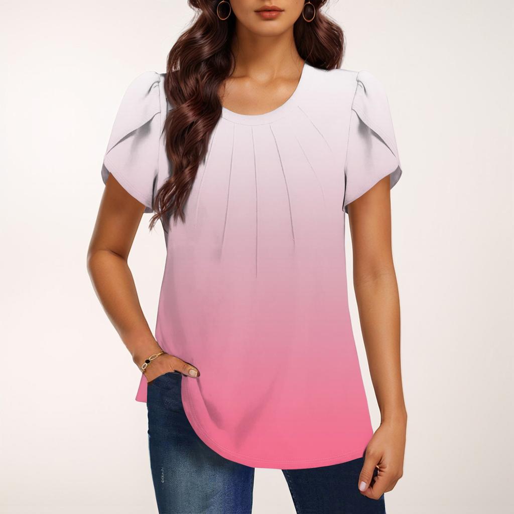 Женская модная футболка с круглым вырезом и коротким рукавом с градиентным принтом, повседневная базовая плиссированная футболка-пуловер