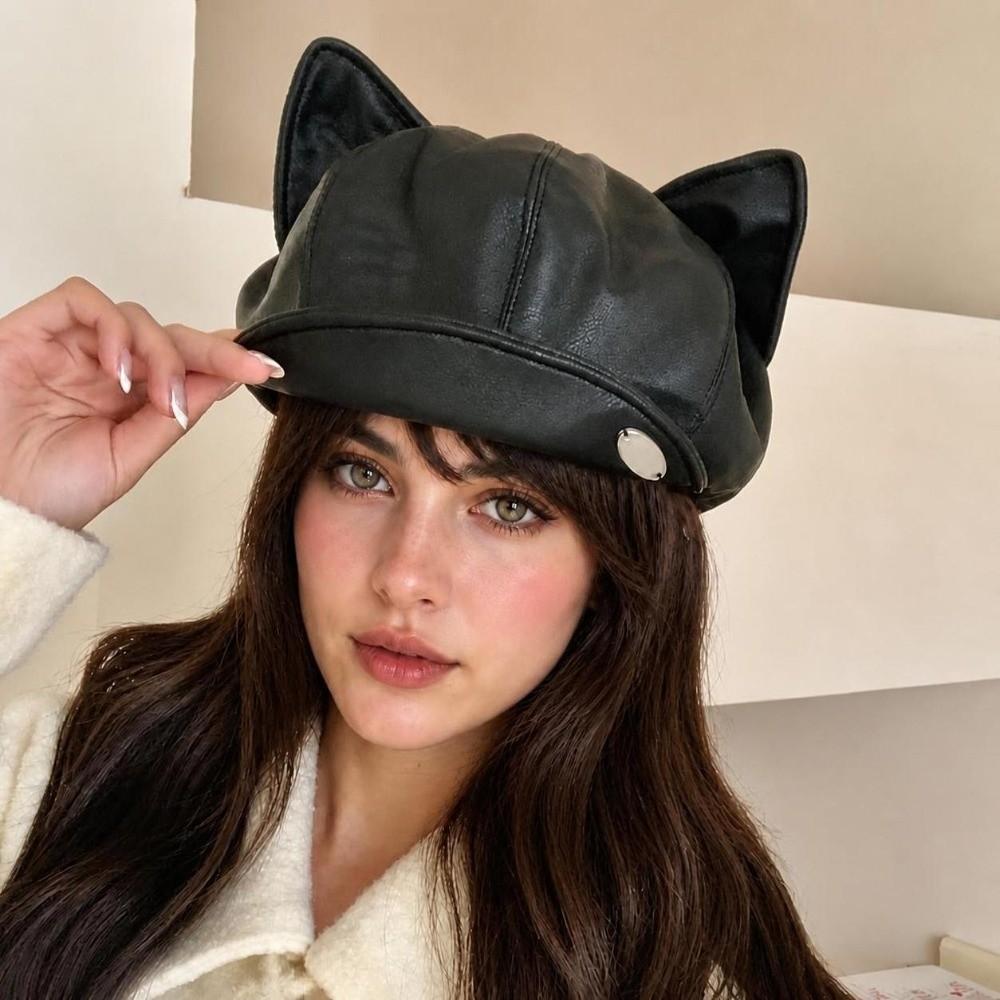 Cute Ear Design Leather Beret Hat Black/Coffee Newsboy Cap Elegant Painter Hat All Seasons