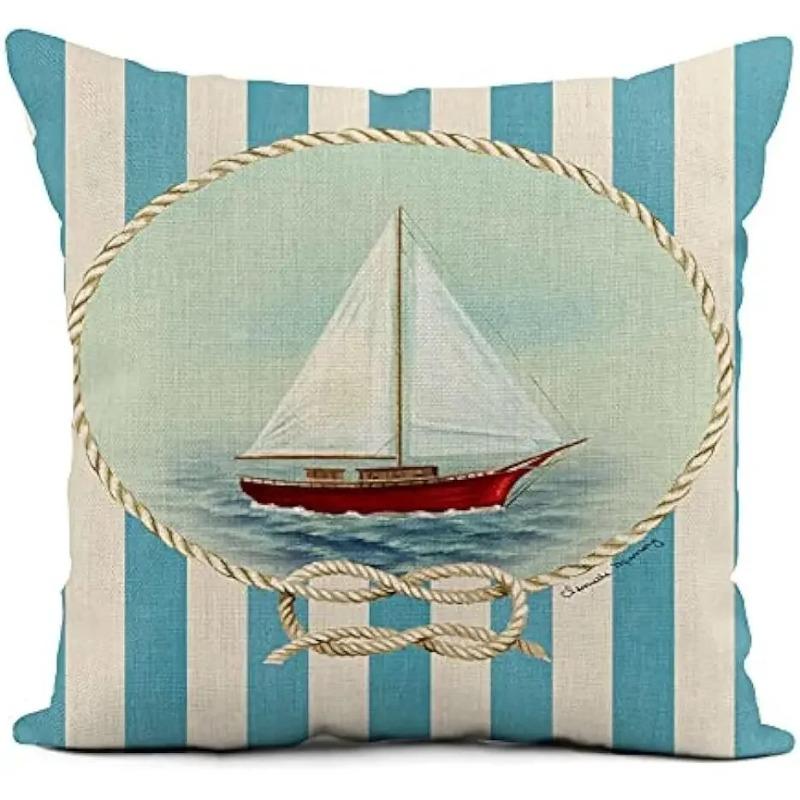 Linen Throw Pillowcase Lighthouse Sailing Sea Shell Double-Sided Printed Living Room Sofa Car Chair Home Bedroom Cushion Covers