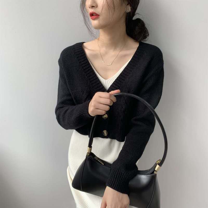 Осень-зима облегающий женский кардиган свитер с длинным рукавом V-образным вырезом однобортный укороченный вязаный кардиган женский элегантный трикотаж с длинным рукавом 30986
