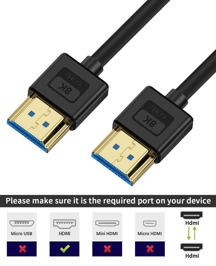 Poyiccot Мягкий кабель HDMI Ультратонкий кабель HDMI Короткий кабель HDMI Стандартный кабель HDMI Сверхвысокоскоростной UHD 48 Гбит/с Кабель-переходник HDMI 0,3 м, 8K, 2.1 8K@60Гц