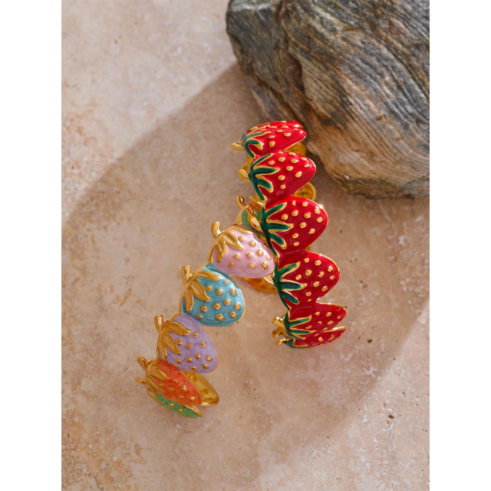 Eetit Красный и разноцветный эмалированный браслет-манжета с открытым концом и клубникой, горячий стиль, из нержавеющей стали, золотистый, ювелирное украшение на запястье с фруктами