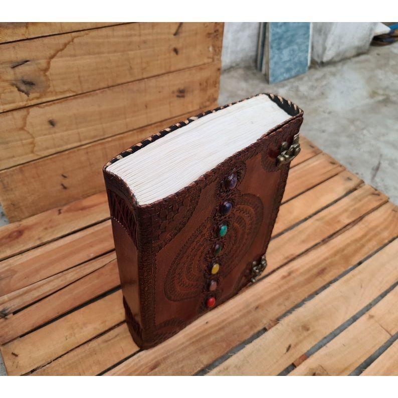 Fat Leather Journal 600 Pages, Large Seven Stone Leather Notebook Blank Handmade Book, Sketchbook Christmas Gift Dream Journal, Grimoire