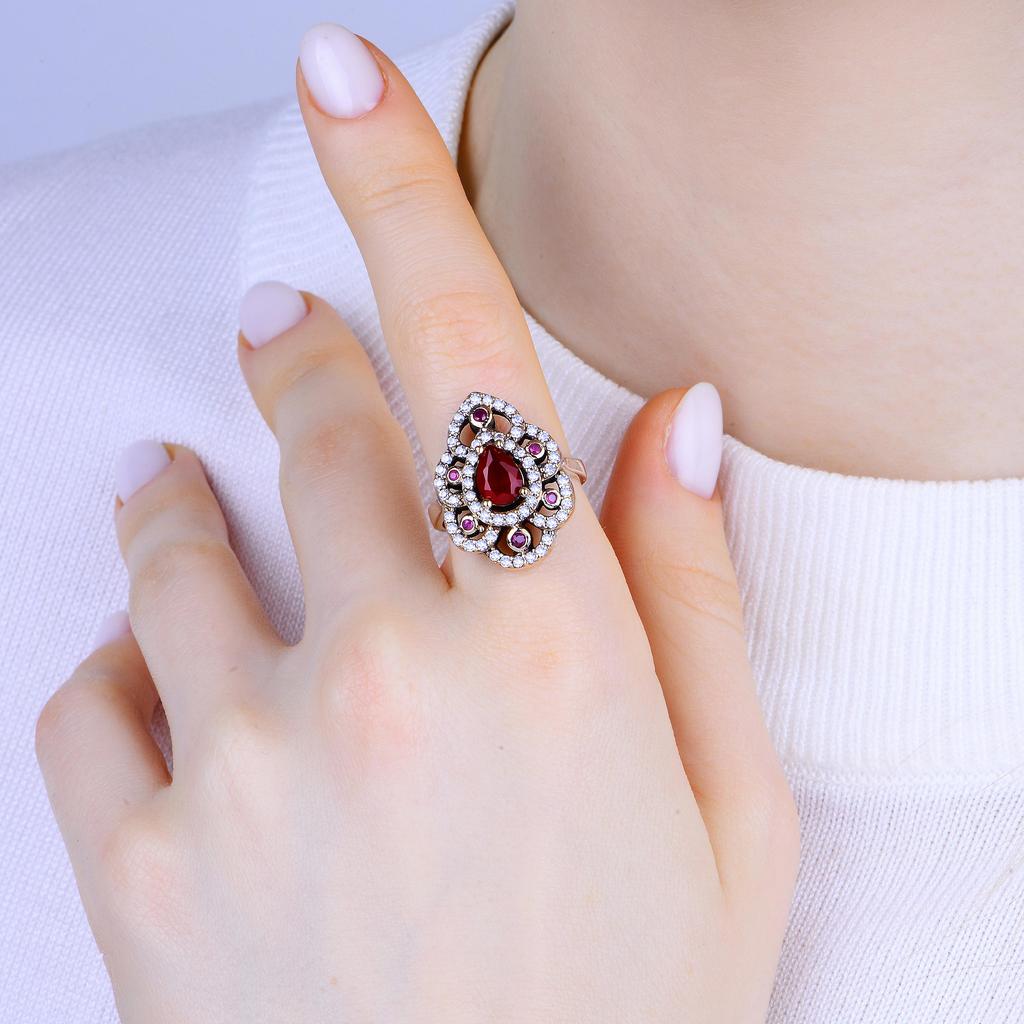 Комплект серебряных украшений с рубиновым камнем в османском стиле, аутентичный турецкий комплект ювелирных изделий ручной работы - рубиновое кольцо, серьги, ожерелья в винтажном стиле