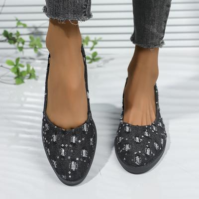 2025 весна и осень тканевые туфли европейские и американские туфли с круглым носком на толстом каблуке повседневные туфли с пайетками большого размера импортные одинарные туфли женские