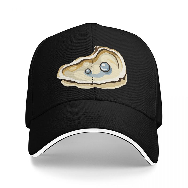 Oyster Pearl Design Baseball Cap Black Hat with Ocean Inspired Shell Pattern Fashionable Streetwear Accessory for Adults