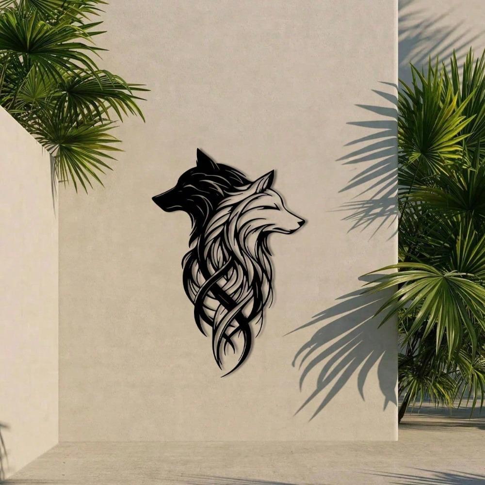 2pcs Wolf Metal Wall Decor, Black & White Twin Wolf Head Wall Art, Metal Wolf Wall Hanging, Wild Animal Decoration For Living Room, Office, Bedroom
