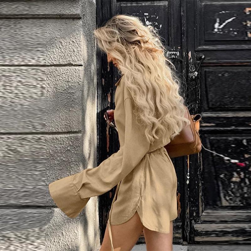 Khaki Cotton Linen Shorts Sets Women Spring Causal Long Sleeve Lapel Crop Shirt Lace-Up Wide Leg Shorts Simple Suits