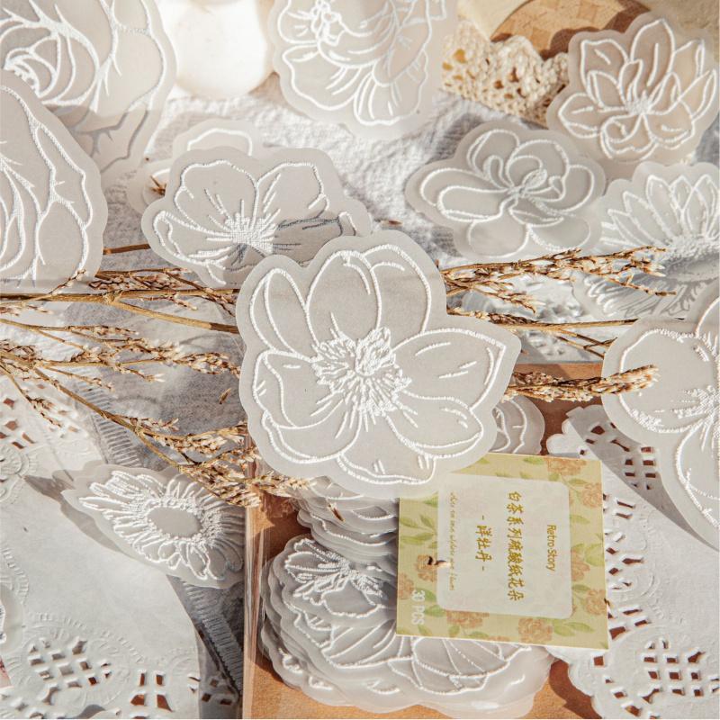 30 Sheets White Tracing Paper Flower Stickers Transparent Botanical Patterns For Journal Scrapbook DIY Deco