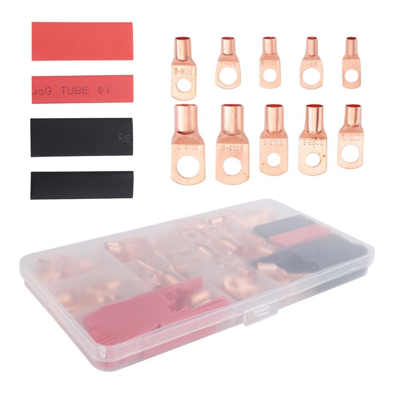 A03F-120Pcs Copper Wire Terminal Connectors, AWG 2 4 6 8 10 12 Ring Lug Kit With 60Pcs Heat Shrink 60Pcs Battery Cable Lugs