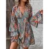 Women's Midi Dress Vintage V-Neck Bell Long Sleeve Boho Dress Loose High Waist Floral Printed Swing A-Line Dress