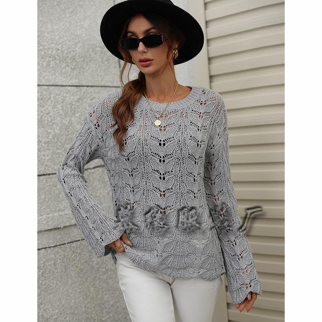 2024 Осень и зима Новый вязаный европейский и американский однотонный крючковый цветочный ажурный пуловер круглый вырез свободный свитер для женщин