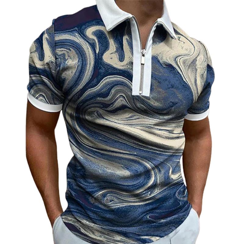 Casual Lapel T-shirt Young Men's Fashion Zipper T-shirt Short Sleeve T-shirt Men's 3D Sea Wave Print T Shirt