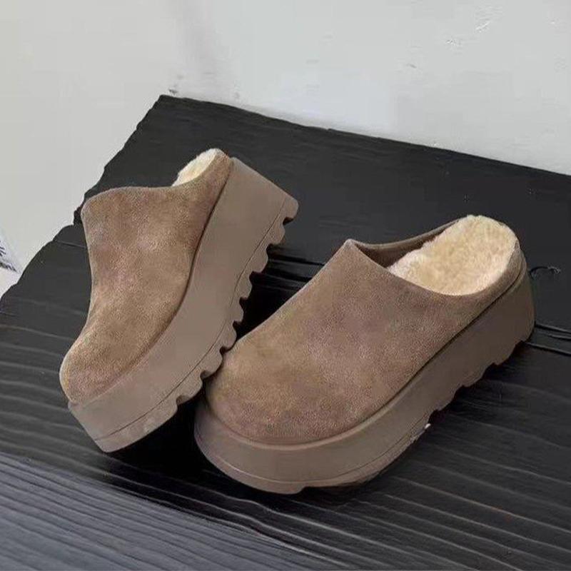 Модные женские туфли-мюли на платформе с открытой пяткой, замшевые туфли на плоской подошве, женская мода 2025 года, повседневные зимние теплые хлопковые тапочки, шлепанцы