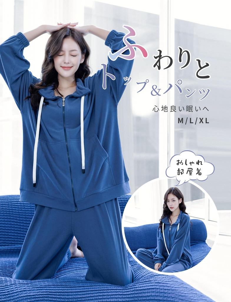 Room Wear Pajamas Loungewear Warm Top and Bottom Set Long Sleeve Warm Cute New Material Blue [MiniZaru] Women's Autumn/Winter (526 L)