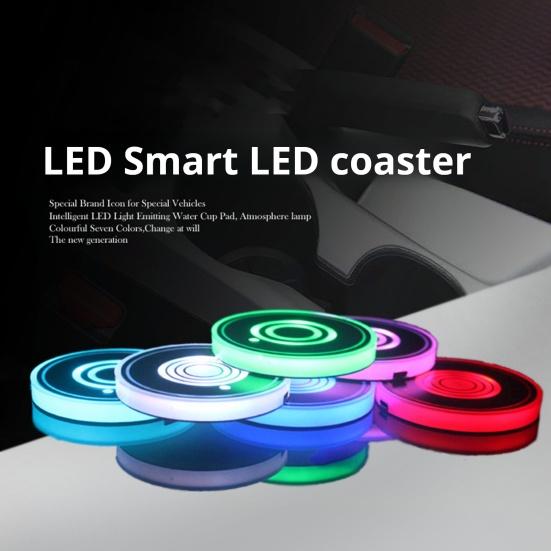 1 Pair Glowing Coaster for Car Smart Sensing Rechargeable 3 Mode Lighting 7 Color Cycle Breathing Light up Car Coasters LED Cup Holders