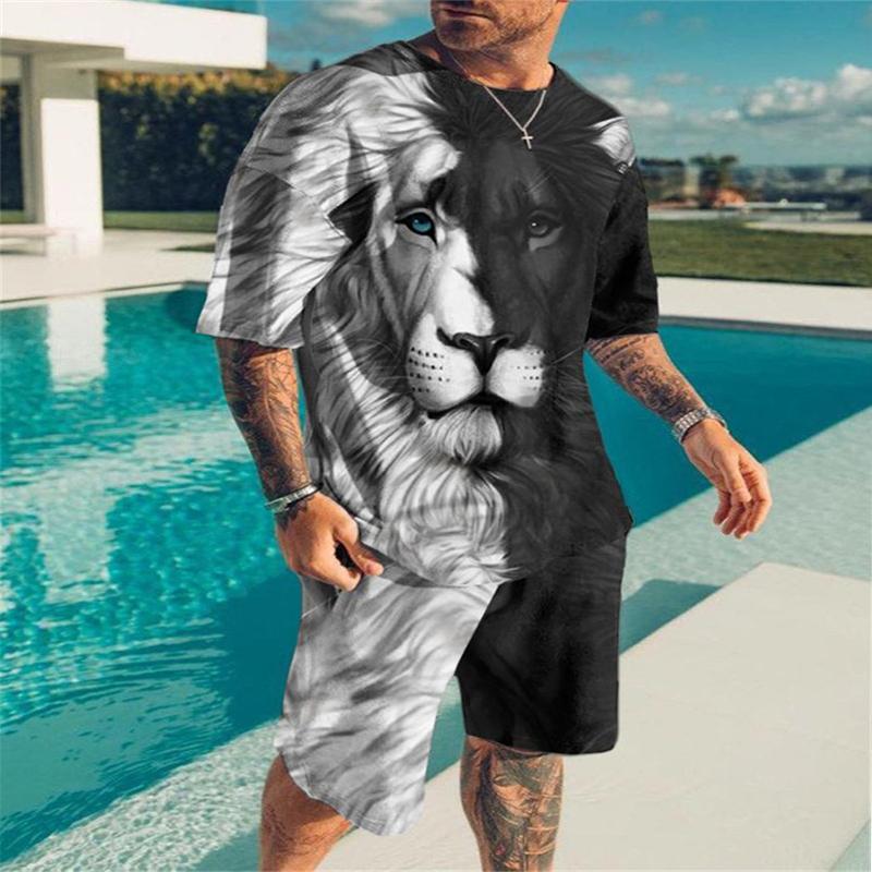 Summer Men's Suit 3D Printing Cool Street Oversized T-Shirt Brave Liger Sportswear Domineering Fitness Sports Pants 2-Piece Set