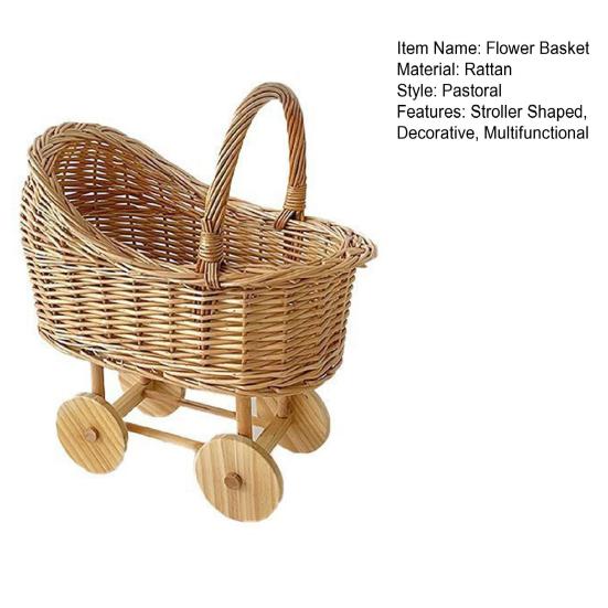 Stroller Shaped Flower Basket Rattan Woven Candy Basket with Handle Portable Decorative Rustic Basket with Wheels for Baby Showers Floral Arrangements