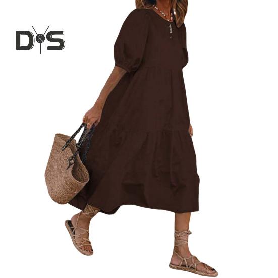 Женское летнее платье миди с короткими рукавами-фонариками и круглым вырезом, льняное платье, свободное повседневное бохо-пляжное платье