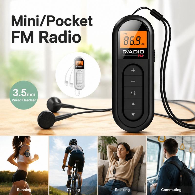 Mini Pocket Clip FM Radio Portable Radio with LCD Display Wired 3.5mm Headphones For Meetings Tours Running