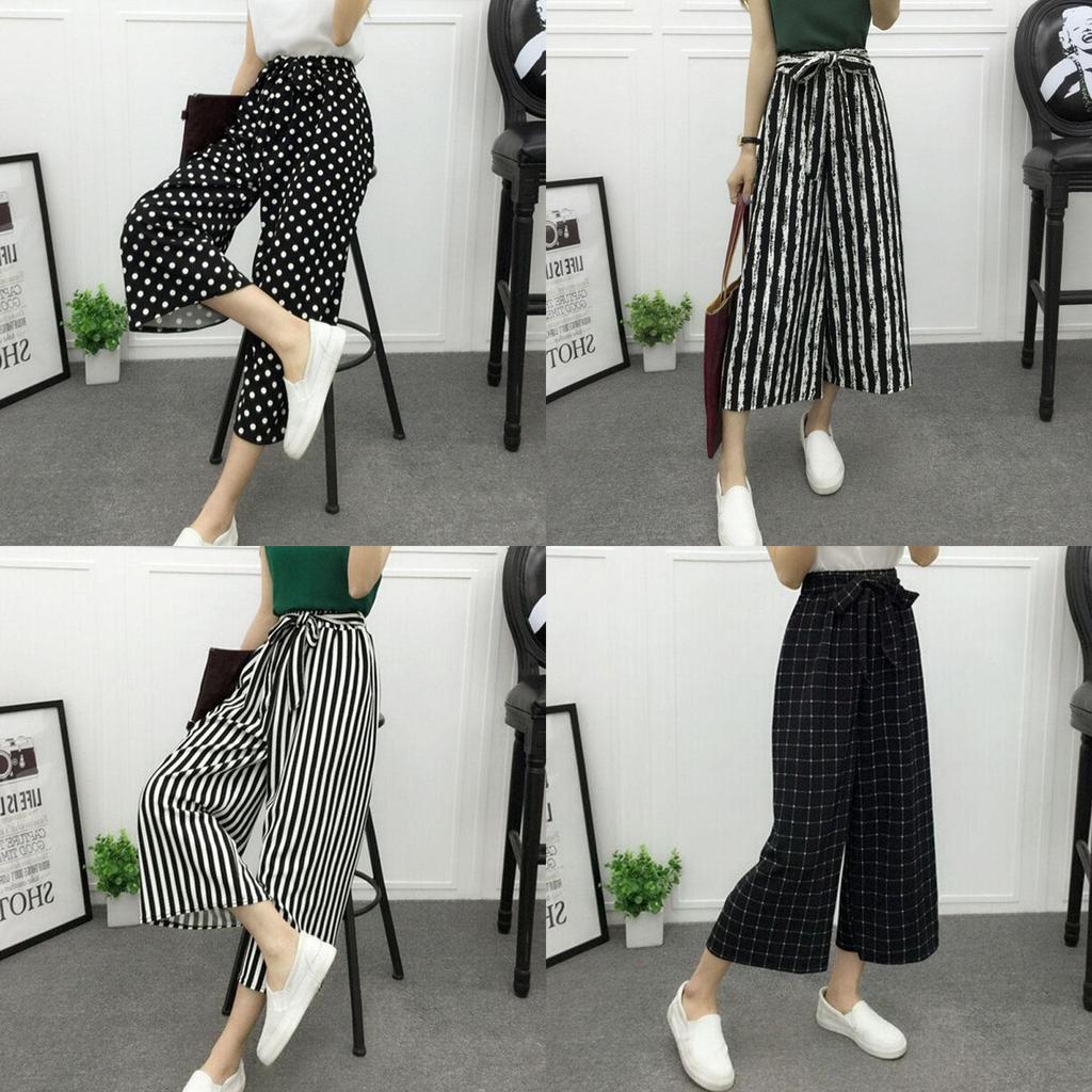 Women High Waist Elastic Striped Culotte Pants With Elegant Wide Leg Flare Design For Casual Wear