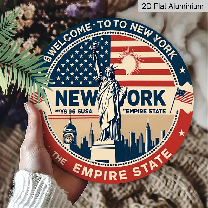 2D Flat, 1pc Round 4th of July New York Aluminum Hanging Sign, Vintage Statue of Liberty Empire State Patriotic Design, Retro Metal Wall Decor