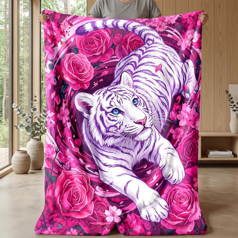 Tiger amidst floral splendor Theme blanket Lightweight Warm Flannel Blanket Decorative Throw Blanket for Home Decoration