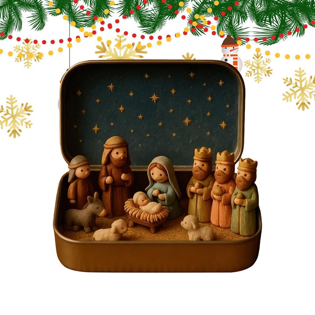 Christmas Nativity Scene Set In A Tin Box Handcrafted Pocket Nativity Scene Set Holy Family Display, Small Religious Orna