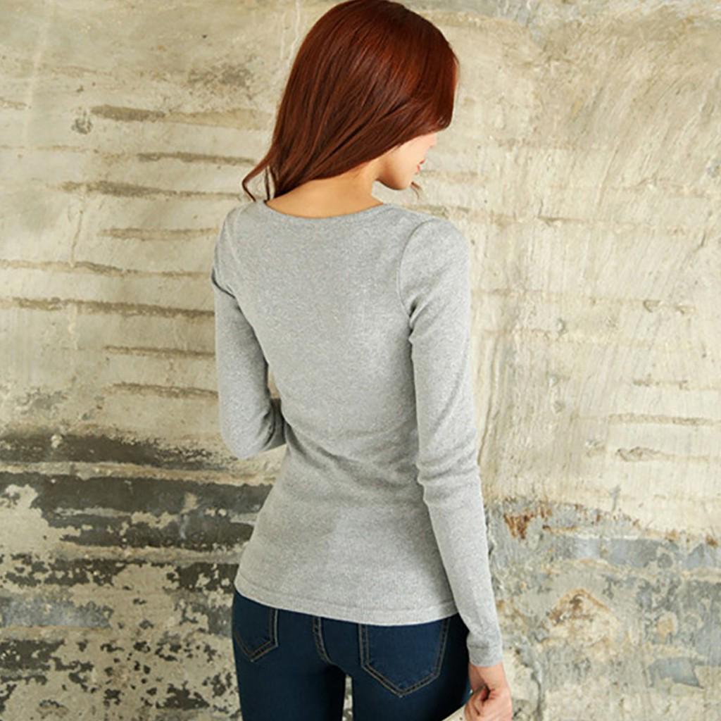 Женская Зимняя Базовая Футболка с V-образным вырезом, Однотонная, с Длинным Рукавом, на Пуговицах, Трикотажные Топы