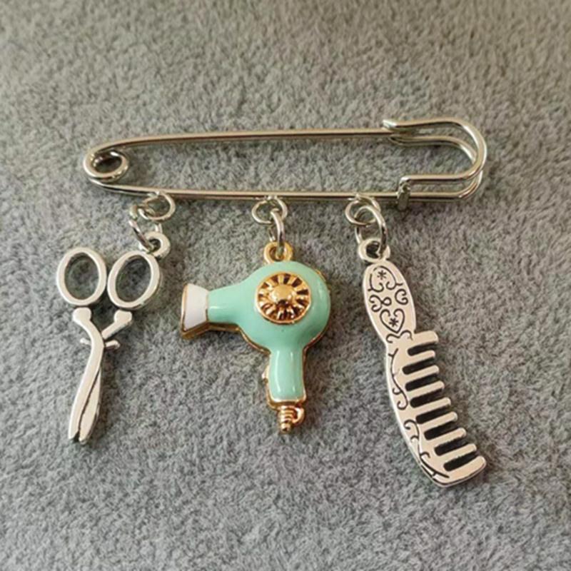 New Creative Fashion Designer Brooch Jewelry Hairdressing Scissors Comb Hair Dryer Pendant Brooch Gifts