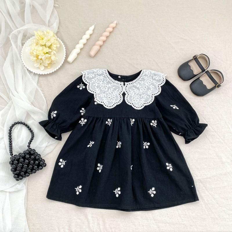 Girls Long Sleeve Dress Cotton Embroidered Turn-down Collar A-line Skirt Toddler 3-8 Years