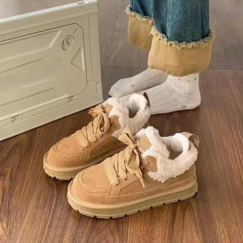 Зимний Стиль Женские Ретро Ботинки на Шнуровке с Круглым Носком на Низком Плюшевом Толстом Каблуке Модные Дизайнерские Женские Вулканизированные Туфли