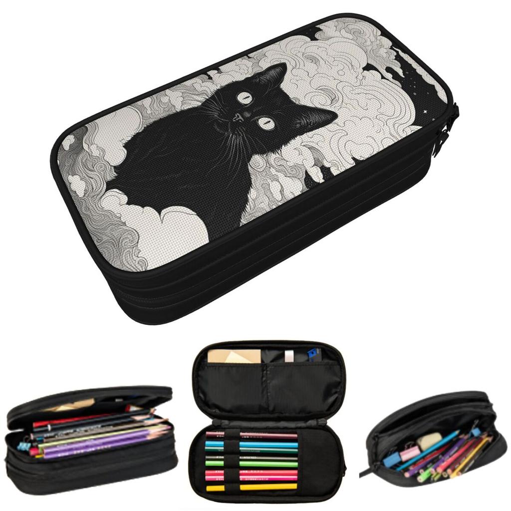Fantastic Starry Sky Clouds And Black Cat Pencil Case for Kids School Pen Box Pencil Bag Stationery Supplies Pen Holder Bag