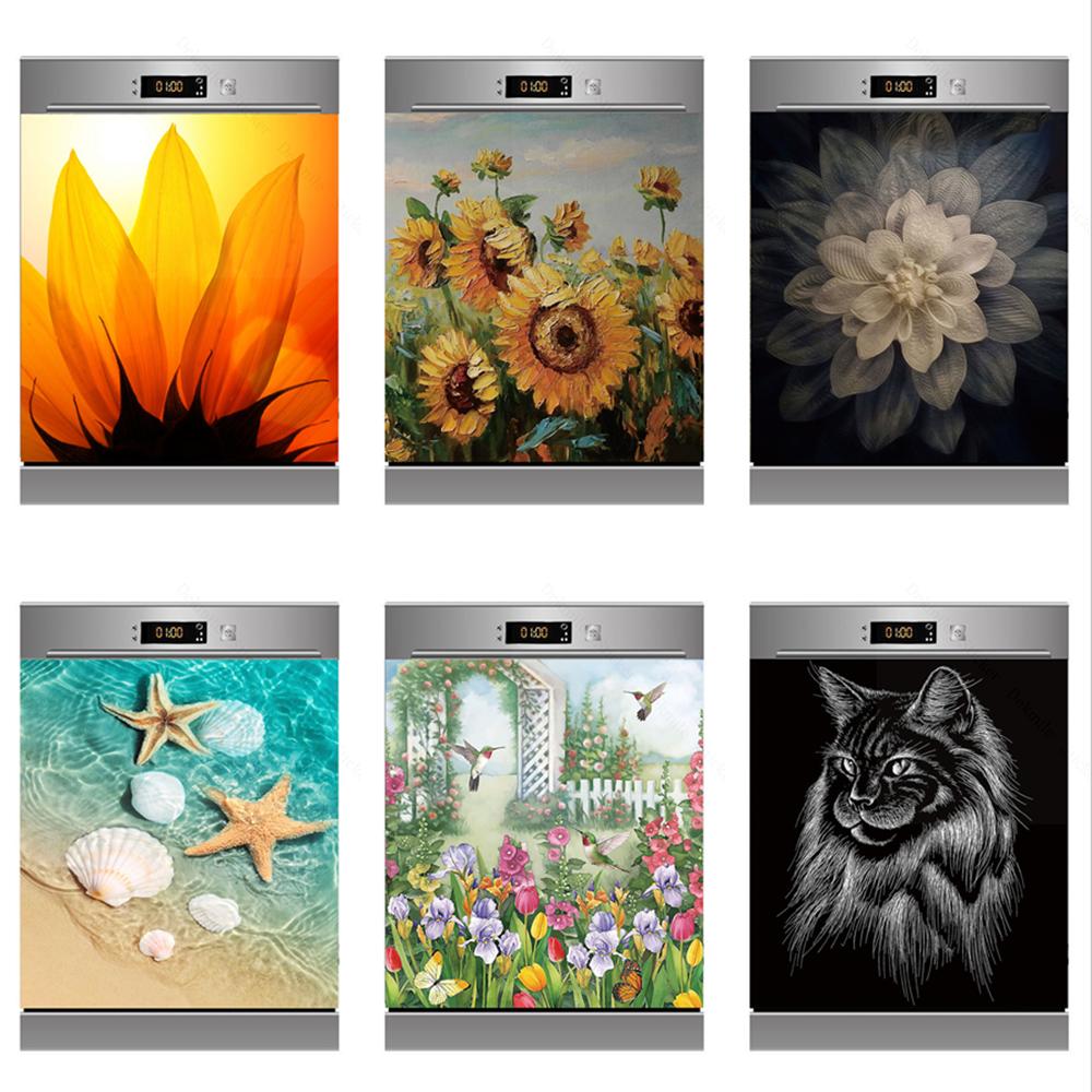 Наклейки на стену с солнечными цветами, чтобы покрыть холодильник, сельскую кухню, холодильник, пляжную ракушку, черную кошку, посудомоечную машину, виниловые 3D настенные фрески для дома