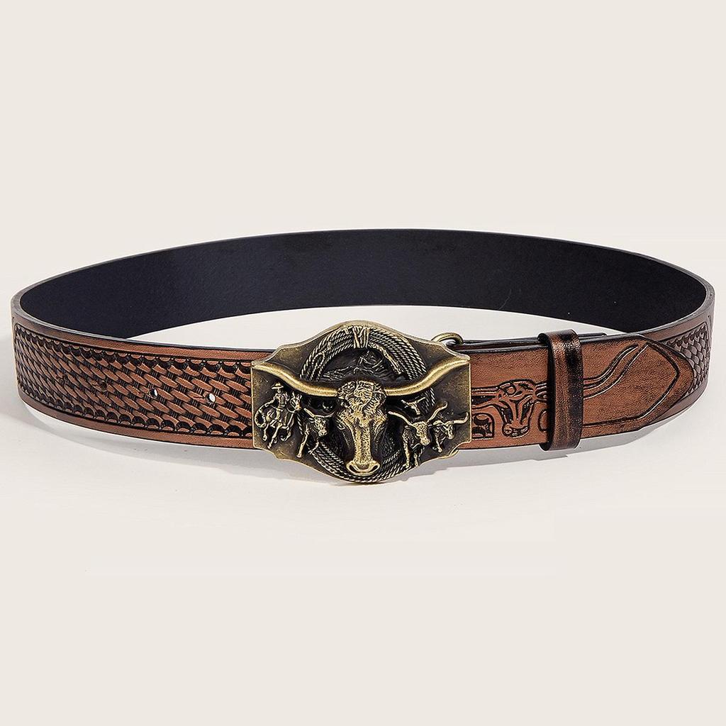 In-Stock Western Bull Head Buckle Leather Belt - Trendy Retro Punk Style for Men & Women