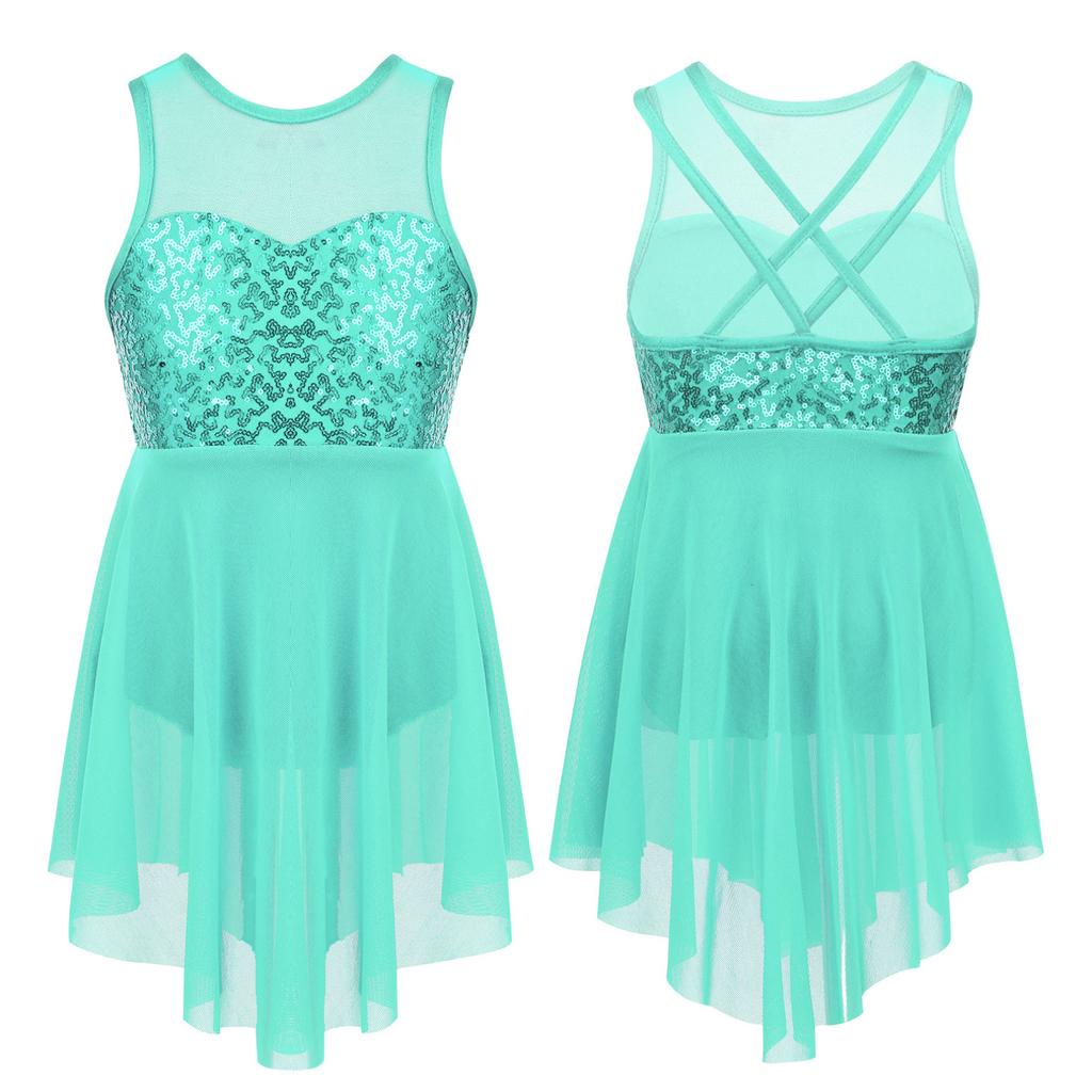 Kids Girls Sleeveless Irregular Hem Lyrical Dance Ballet Leotard Dress Performance Costume