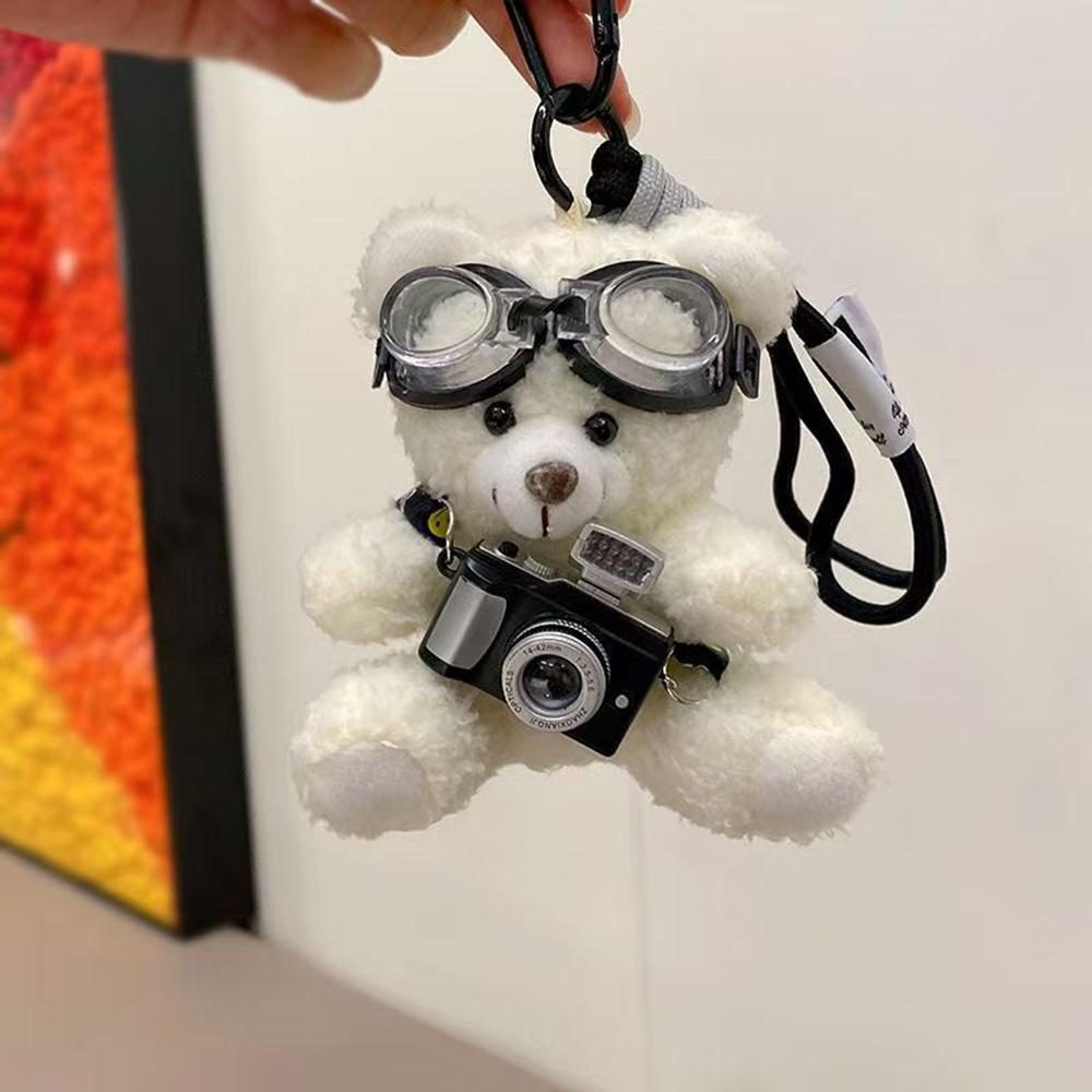 Cute plush Little bear keychain Cartoon Paired Camera Flying Glasses Creative Trendy Handbag Chain Gift