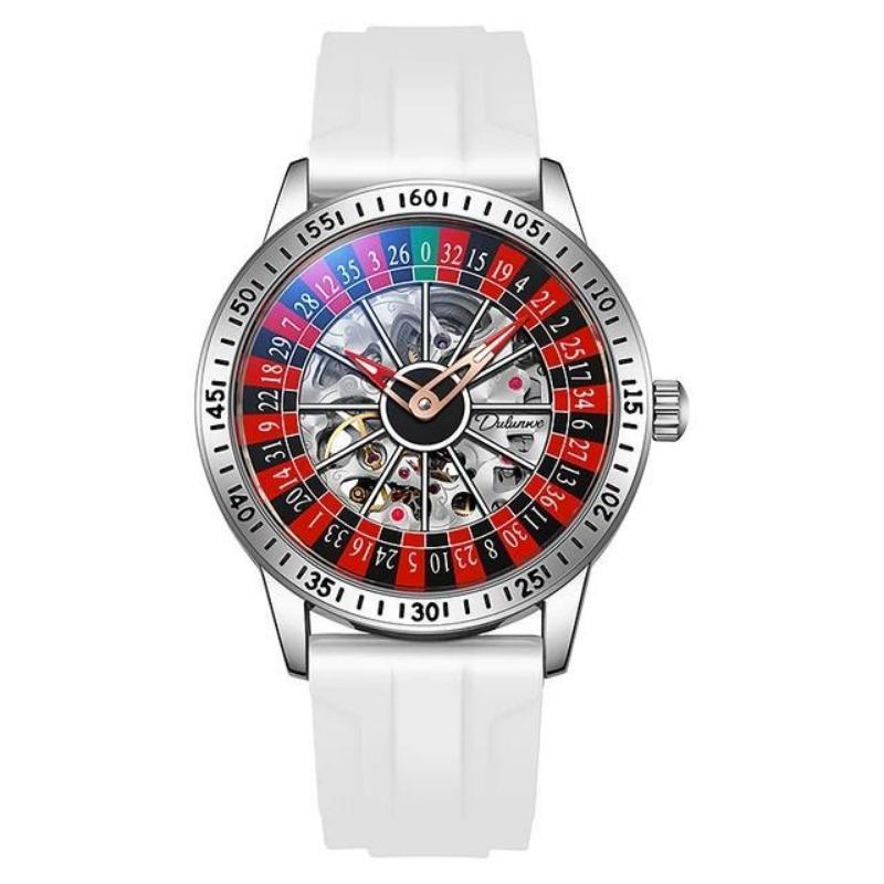 Dulunwe Swinging Rotary Dial Design Hollow Skeleton Watches Business Trendy Men Wristwatch Roulette Wheel Automatic Mechanical Watch